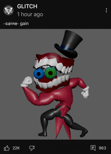 a 3d model of a cartoon character with a top hat and glasses