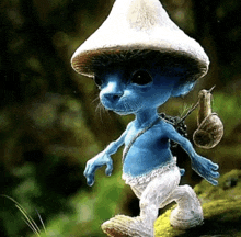 a blue smurf wearing a mushroom hat and carrying a snail