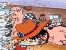 a cartoon of a man in a cowboy hat laying on a table with plates of food