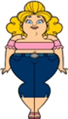 a cartoon woman with blonde hair and blue eyes is wearing a pink top and blue shorts .