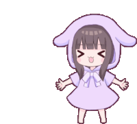 a cartoon girl wearing a purple dress and a bunny hood