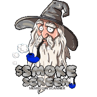 a cartoon of a wizard smoking a pipe with the words $ smoke screen memecoin scanner