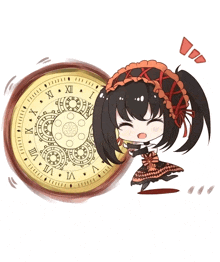 a cartoon of a girl holding a clock with roman numerals