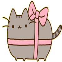 a cartoon cat is wrapped in a pink ribbon and bow