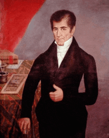 a painting of a man in a suit and tie standing in front of a table with a book on it .