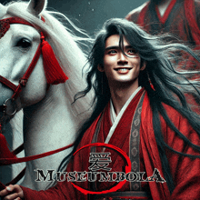 a man in a red kimono is standing next to a white horse with museum bola written on the bottom