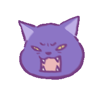 a drawing of a purple cat with yellow eyes and its mouth open