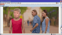 a computer screen shows a man in a red tank top standing next to a woman and a man in a plaid shirt