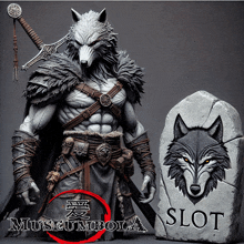 a statue of a wolf holding a sword next to a stone that says slot