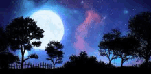 there is a full moon in the night sky with trees in the foreground and a fence in the foreground .