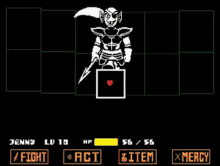 a video game screen shows jenny holding a sword with a heart in the middle