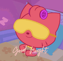 a cartoon of a cat wearing a sleep mask with the words good night below it