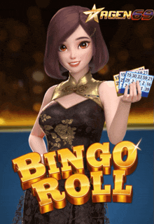 a girl holding a bingo card with the words bingo roll on the bottom