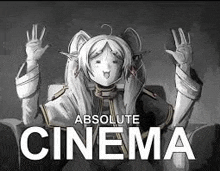 a black and white drawing of a girl with her hands in the air and the words `` absolute cinema '' .