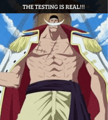 a shirtless man with a white mustache is standing in front of a tower with the words `` the testing is real '' .