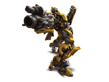 a yellow robot with a gun on its arm