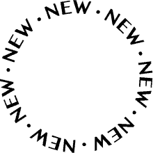 a black and white circle with the words new in the center