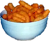 a blue bowl filled with french fries is against a white background