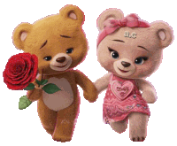 a brown teddy bear holding a red rose next to a pink teddy bear with the letters a.c. on her head