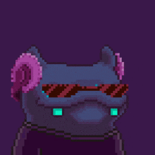 a pixel art drawing of a cat with horns and sunglasses