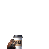 a gm coffee cup is being held by a cartoon character