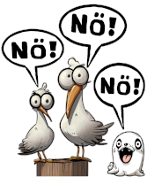 a cartoon drawing of seagulls with speech bubbles saying no