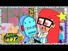 a cartoon of a robot and a girl with the word johnny test on the bottom right