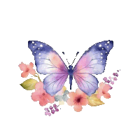 a purple butterfly is surrounded by pink flowers and leaves on a white background