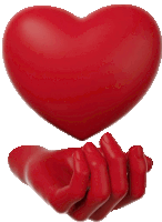 a red hand is holding a red heart in its palm