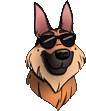 a cartoon german shepherd wearing sunglasses and smiling .