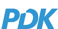 a blue pdk logo that is on a white background