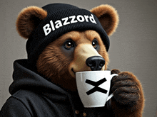 a bear wearing a black beanie that says blazord