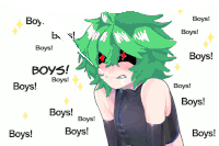 a girl with green hair and red eyes is surrounded by boys