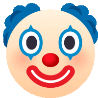 a clown with blue eyes and red nose is smiling