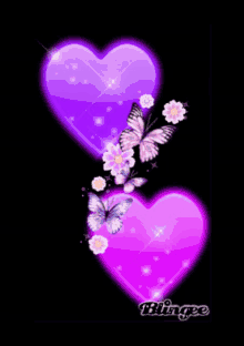 two purple hearts with butterflies and flowers are on a black background