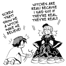 a black and white drawing of a man kneeling next to a woman in a dress that says witches are real