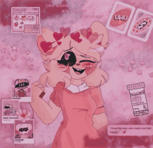 a drawing of a pink bear with hearts on her head