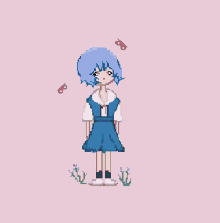 a pixel art drawing of a girl with blue hair and red eyes