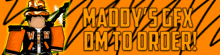 a banner that says maddy 's gfx dm to order with a roblox character