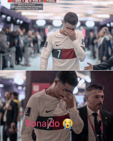 a man in a nike shirt with the number 7 on it crying