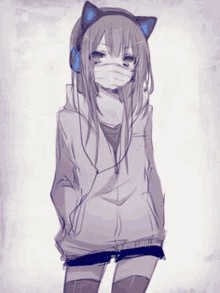 a girl wearing a mask and headphones is standing in front of a white background .