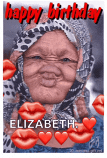 a happy birthday elizabeth greeting card with a woman wearing a scarf on her head