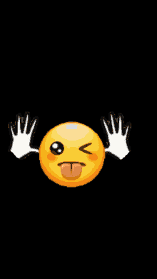 a yellow smiley face sticking out its tongue with white hands around it