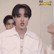 a man in a white shirt with the words thanks god it 's friday on the bottom
