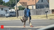 a man is walking down the street with a dog on his shoulder .