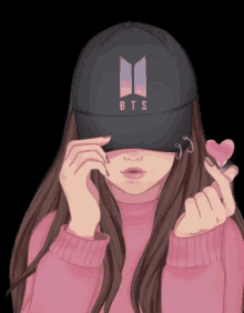 a girl wearing a hat that says bts is holding a pink heart