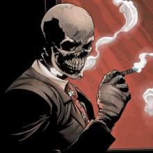 a skull in a suit smoking a cigar with smoke coming out of his mouth