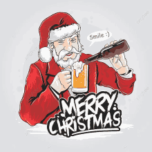 santa claus is pouring beer into a mug with the words merry christmas written below him