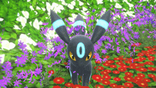 a black pokemon with the number 0 on its head is standing in a field of purple flowers .