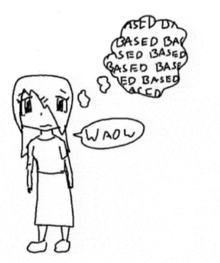 a black and white drawing of a girl with a speech bubble that says " wow "